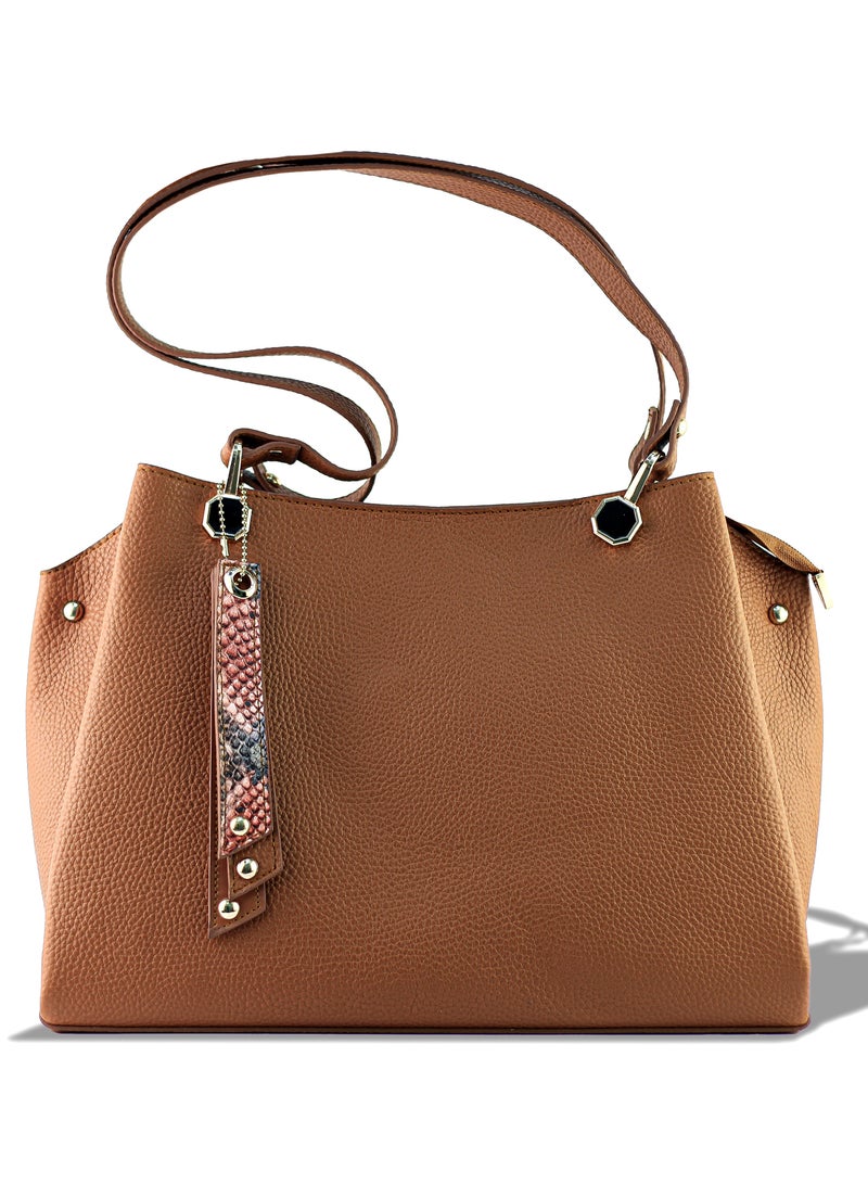 Elegant Women’s Handbag Premium Pebbled Leather with Snakeskin Tassel Accent Trendy Tote for Work & Daily Use (Light Brown)